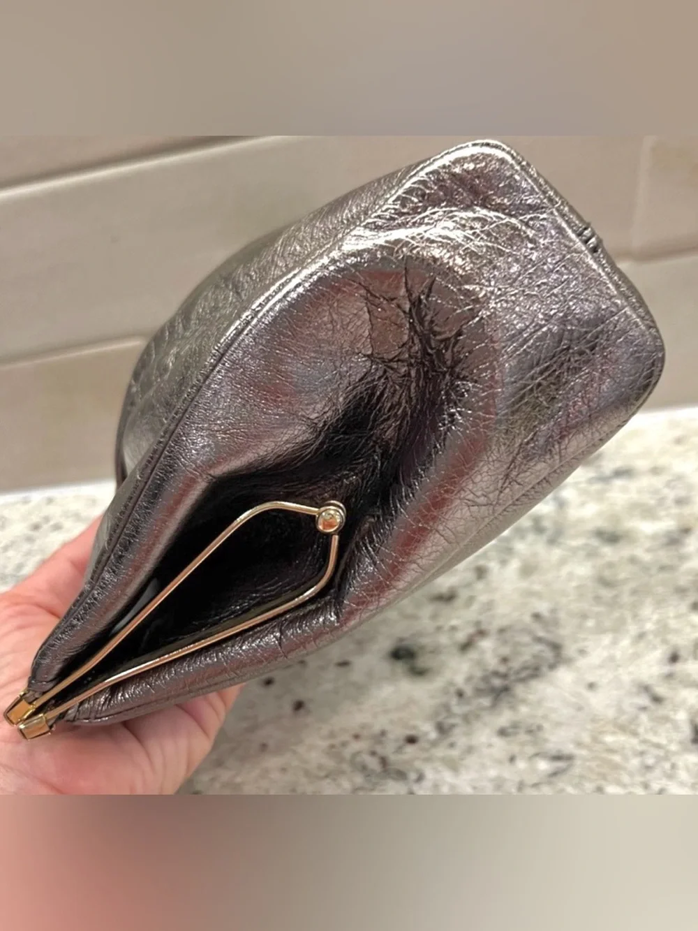 Furla Vintage Metallic Pewter Clutch with Gold Kisslock, Italian Calf Leather
